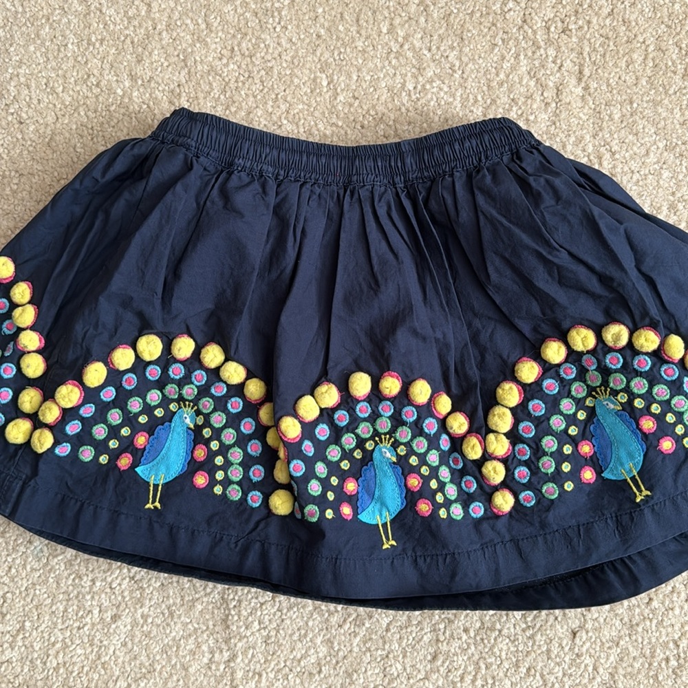 Mini Boden Peacock Bird Appliqué Embroidered Navy Skirt Size 4T